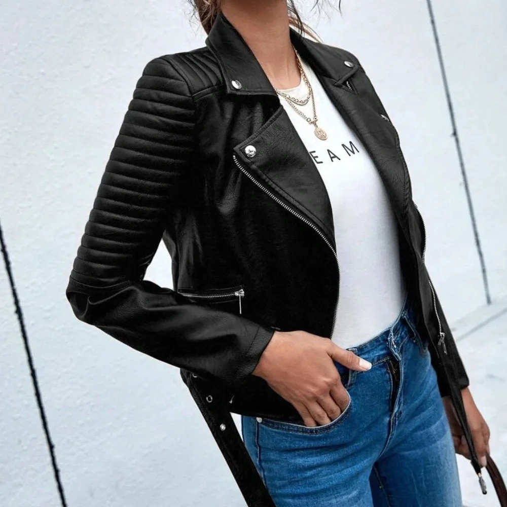 Black vegan leather zipper biker moto motorcycle jacket - Picture 4 of 4